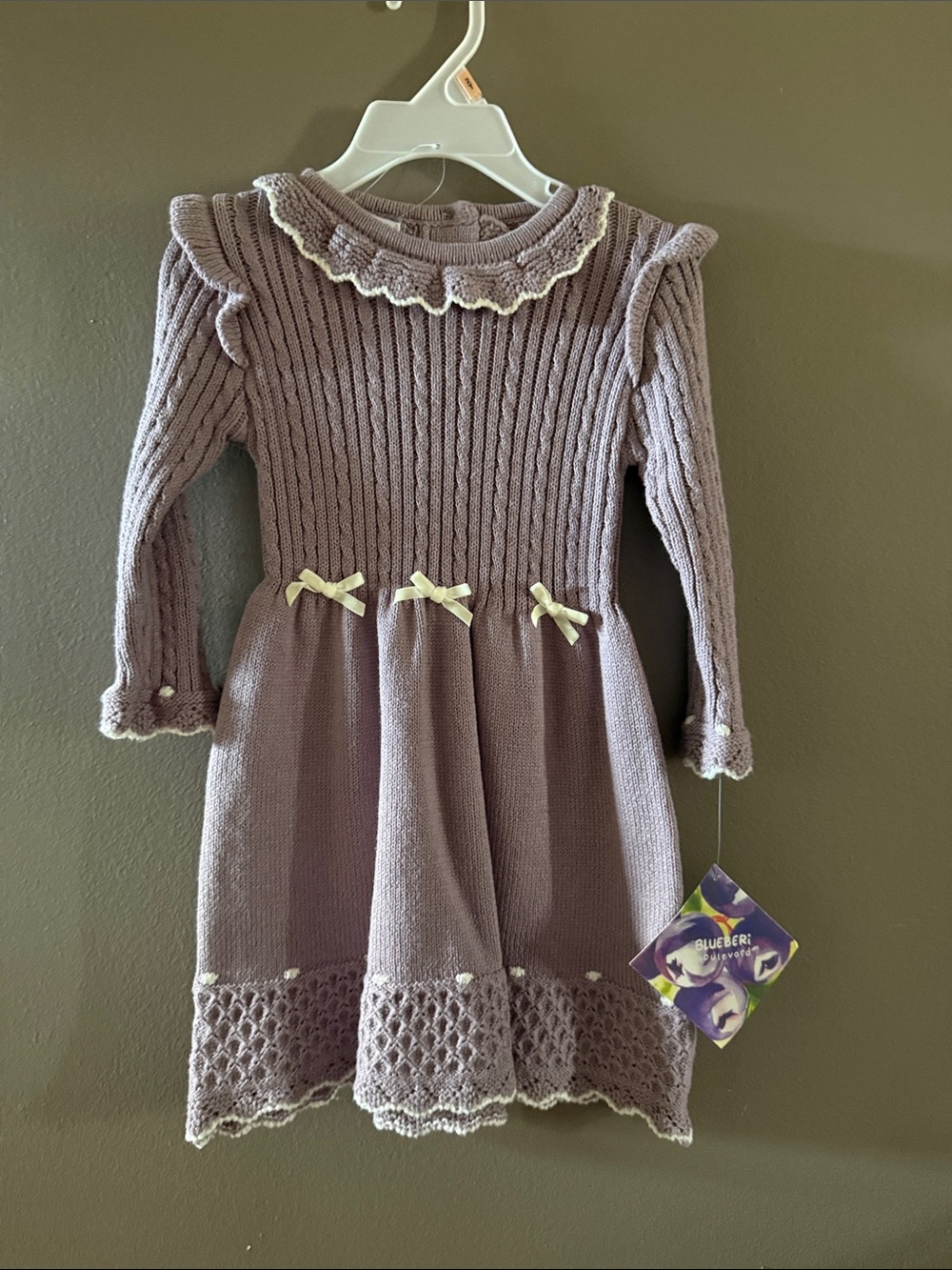 Blueberi Boulevard Lavender Knit Dress with Cream Bows